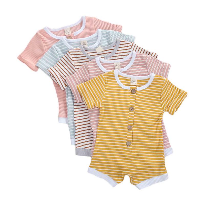 

2020 0-18M 5 Colors Striped Infant Baby Boys Girls Romper Knited Short Sleeve Striped Print Button Jumpsuit Playsuit Summer New