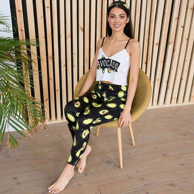 

Suphis Sleeveless Pajamas Set Women Lovely Sleepwear Avocado Print Crop Tops High Waist Pants Satin Suit Pattern Silk