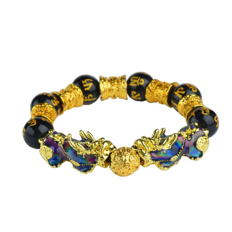 Lucky Golden Chinese Dragon Pixiu Brave Troops Bracelets W// Black Glass Beads