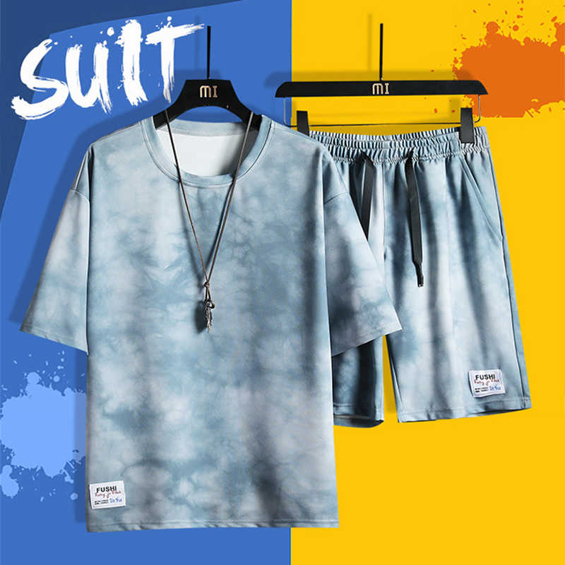 

Sports Clothing Men Training Set Running Sports Clothing Jogging Workout Set Fitness Tie Dye Sportswear T Shirt With Shorts Men, Blue