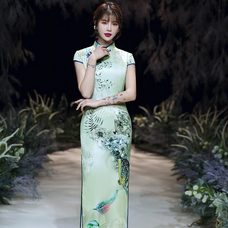 

4XL Big Size Women Long Chinese Style Cheongsam Dress Fashion Slim Qipao Print Fan Floral Elegant Party Prom Dress