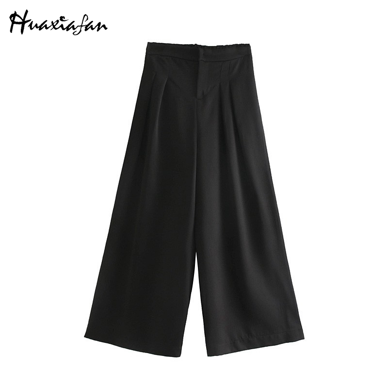 

Huaxiafan Pants Women england style simple solid black high waist wide leg pants women zipper soft for female trousers