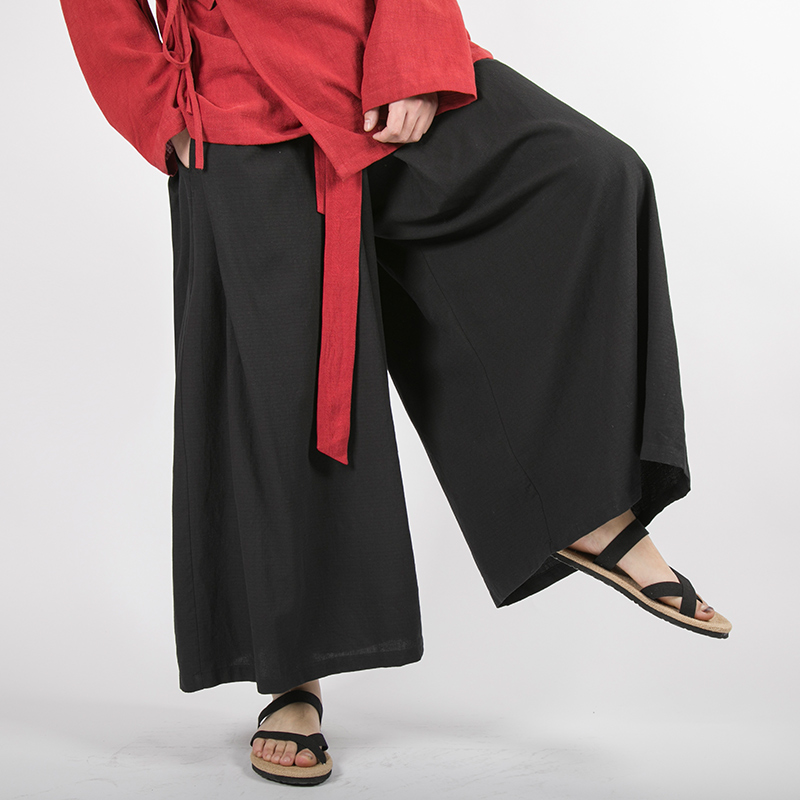 

Men Oversize Elastic Waist Cotton Linen Casual Wide Leg Pants Male Street Japan Kimono Straight Skirt Pant Loose Harem Trousers, Black shirt