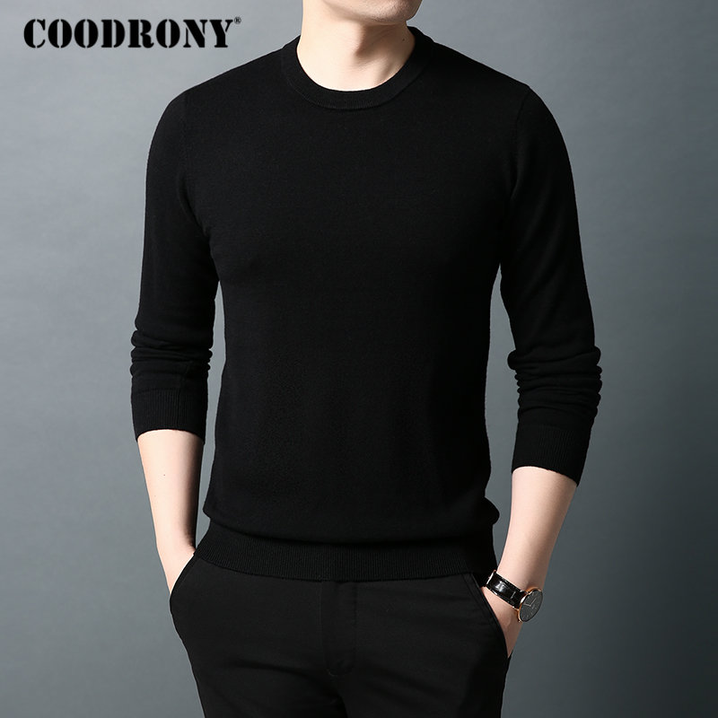 

COODRONY Brand Sweater Men Pure Merino Wool Mens Sweaters Autumn Winter Thick Warm Cashmere Pullover Men O-Neck Pull Homme 93015, Black