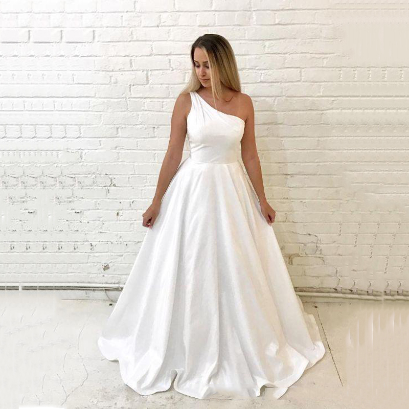 

Custom Vintage One Shoulder Satin Evening Dresses 2020 with Pockets Sweep Train Lace Up Formal Prom Party Gowns, White