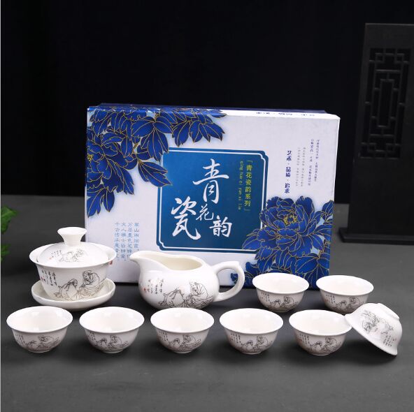

8cup 1pot Tea set gift box kungfu blue and white porcelain tea sets FREE SHIPPING 2019