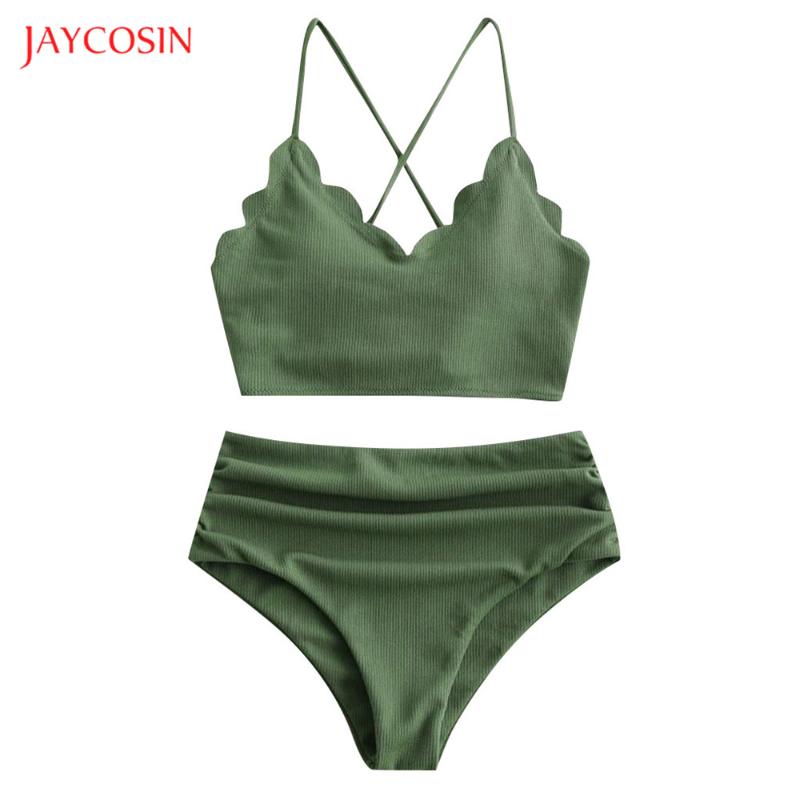 

Jaycosin Sexy Women Swimwear Summer Fashion Solid Beachwear Bikini Set Wave Edge Backless Push-Up Bandage Bathing Swimsuit