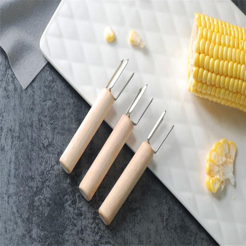 

8pc Corn Fork Wooden Handle Stainless Steel Supplies Fruit Forks Corn Holder for Party Camping Picnic Barbecue Accessories N50