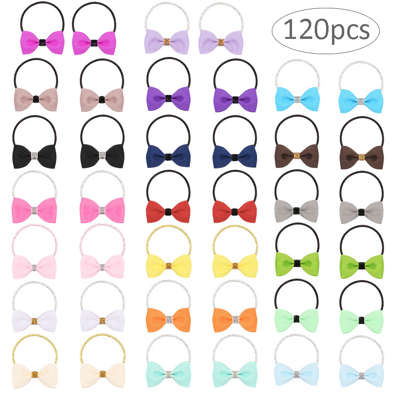 

60pairs/120pcs Mini Ribbon Hair Bows Candy Color Elastic Hair Bands Rubber Gum Girls Rope Cute Kids Ponytail Holders, Multi