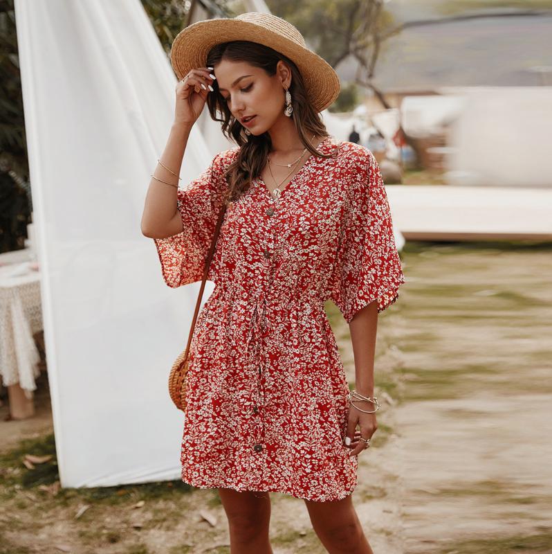 

Women Fashion dresses Floral Print Short Sleeve V-Neck Button Sundress High waist Beach vacation Mini Dress ropa mujer