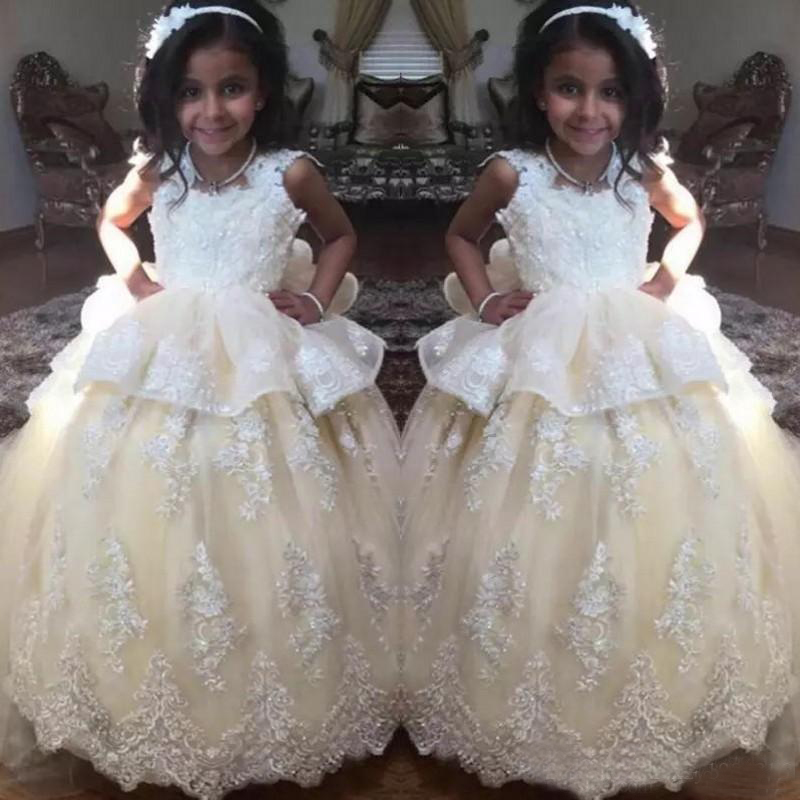 

2019 Gorgeous Lovely Little Princess Birthday Dress Lace Appliques Tulle Floor Length Flower Girls Dress First Communion Dress, White