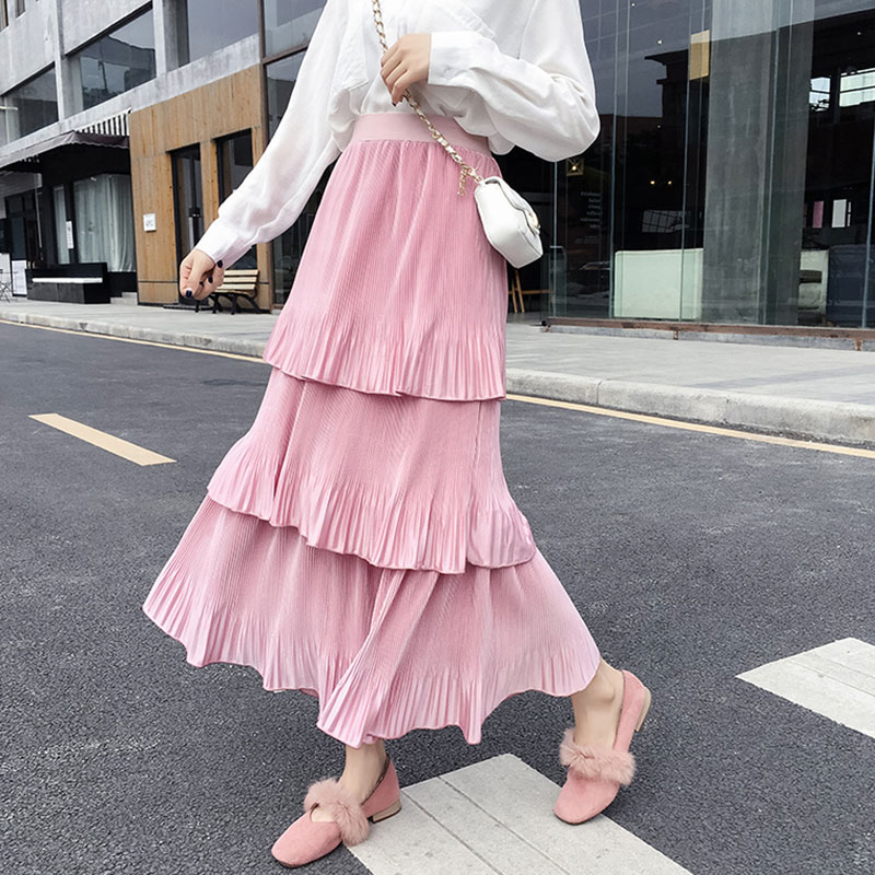 

Spring Summer Vintage Shiny Lurex Women Skirt Ruffles High Waist Pleated Long Skirts Female Ruched Girls Sweet Maxi Streetwear, Black