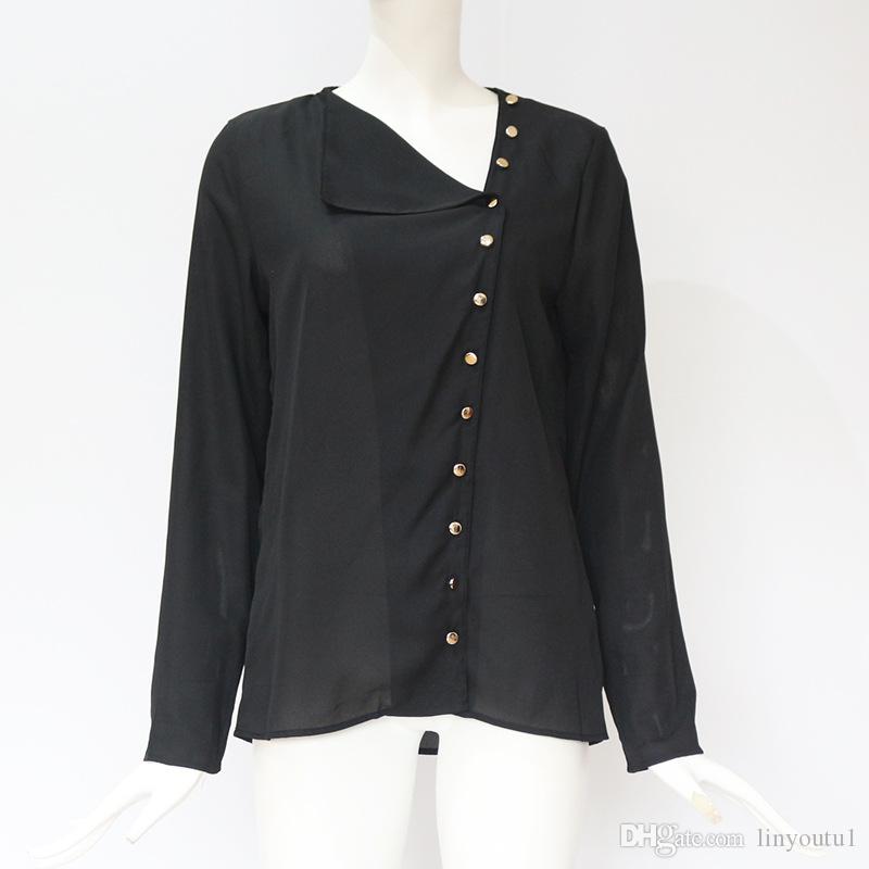 

Chiffon Blouse 2020 Fashion Long Sleeve Women Blouses and Tops Skew Collar Solid Office Shirt Casual Tops, 1#