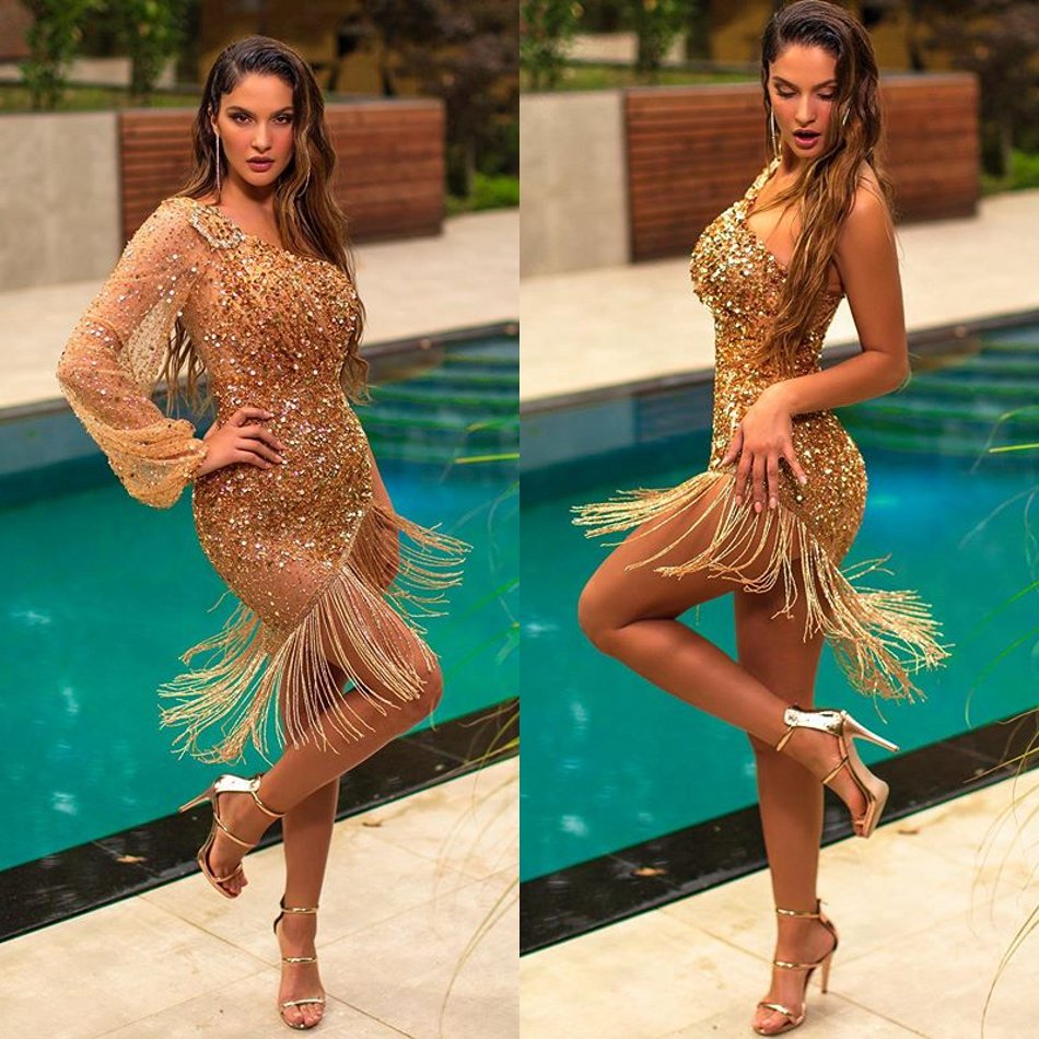 

Vlora Kaltrina 2020 Evening Dresses One Shoulder Long Sleeves Prom Gowns Customized Lace Beads Sweep Train Mermaid Special Occasion Dress, Dark navy