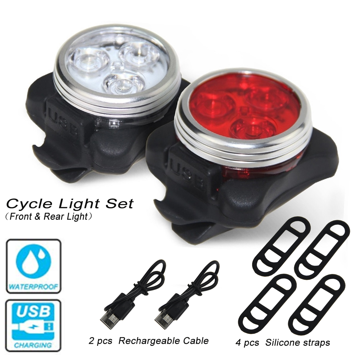 Bicycle Bike 3 LED Head Front Tail Light Lamp USB Rechargeable With Clip Set