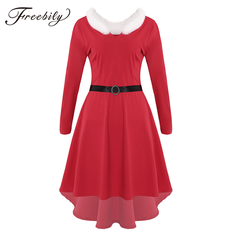 

Women Christmas White Faux Fur Trimmings Long Sleeves High-low Hem Red Midi Dress with Belt Mrs Santa Claus Xmas Party Costume