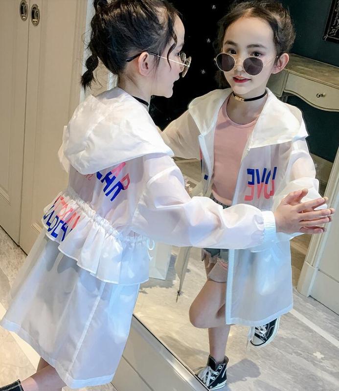 

2020 Korean style fashion girls hooded coat full sleeve summer girls coat 4-9t F386, White