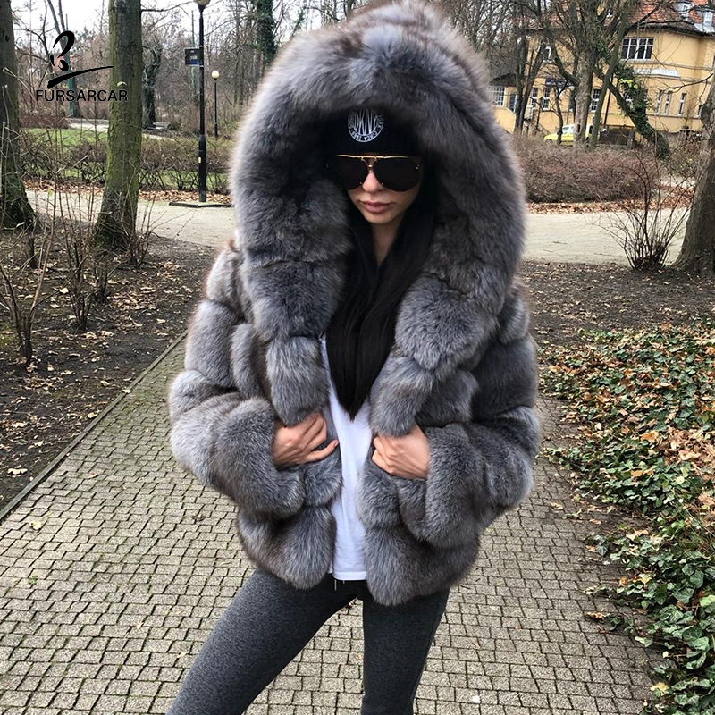

FURSARCAR Grey Blue Box Fur Winter Jackets And Coats Women With Hooded Fashion Luxury Genuine Natural Fur Female Outerwear Cloth CJ191130