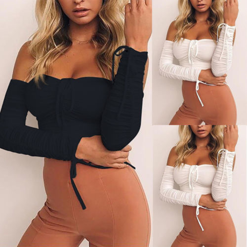 Streetwear Women Summer Tops Long Sleeve Slash Neck Bow Black White Colors Shirt Blouse Size S-XL