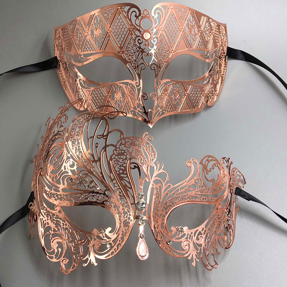 

Rose Gold Women Men Couple Pair Lover Made of Light Metal Laser Cut Filigree Venetian Mardi Gras Masquerade Ball Prom Masks Set T200116