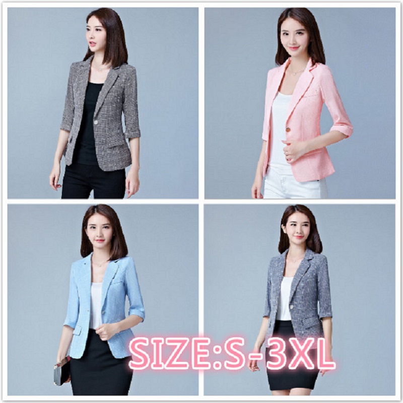 

2020 New Spring Autumn Women Clothes Formal Slim Suit Work Clothes For Female Short Suit Short Coat Casual Plaid Blazers, Water blue