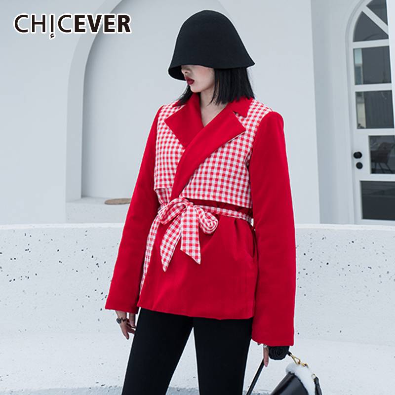 

CHICEVER Korean Patchwork Plaid Hit Color Blazer Women Notched Long Sleeve Lace Up Large Size Coats Female 2020 New Clothes, Black