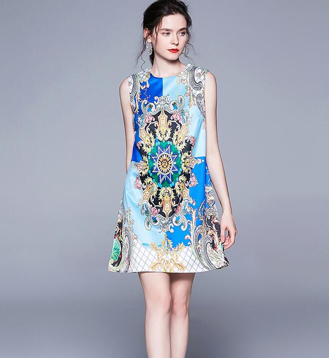 

Noble court print tank mini light blue women dresses Sleeveless street style dresses above knee