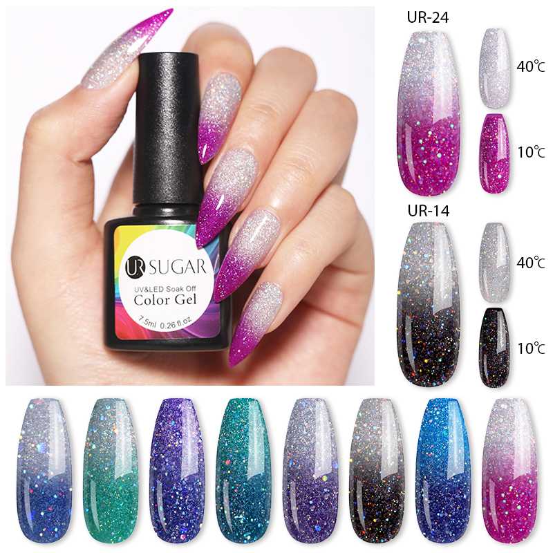 

UR SUGAR 2pcs/Lot Rainbow Thermal Nail Gel Polish Temperature Color Changing Laser Glitter Temperature Soak Off UV Gel Varnish
