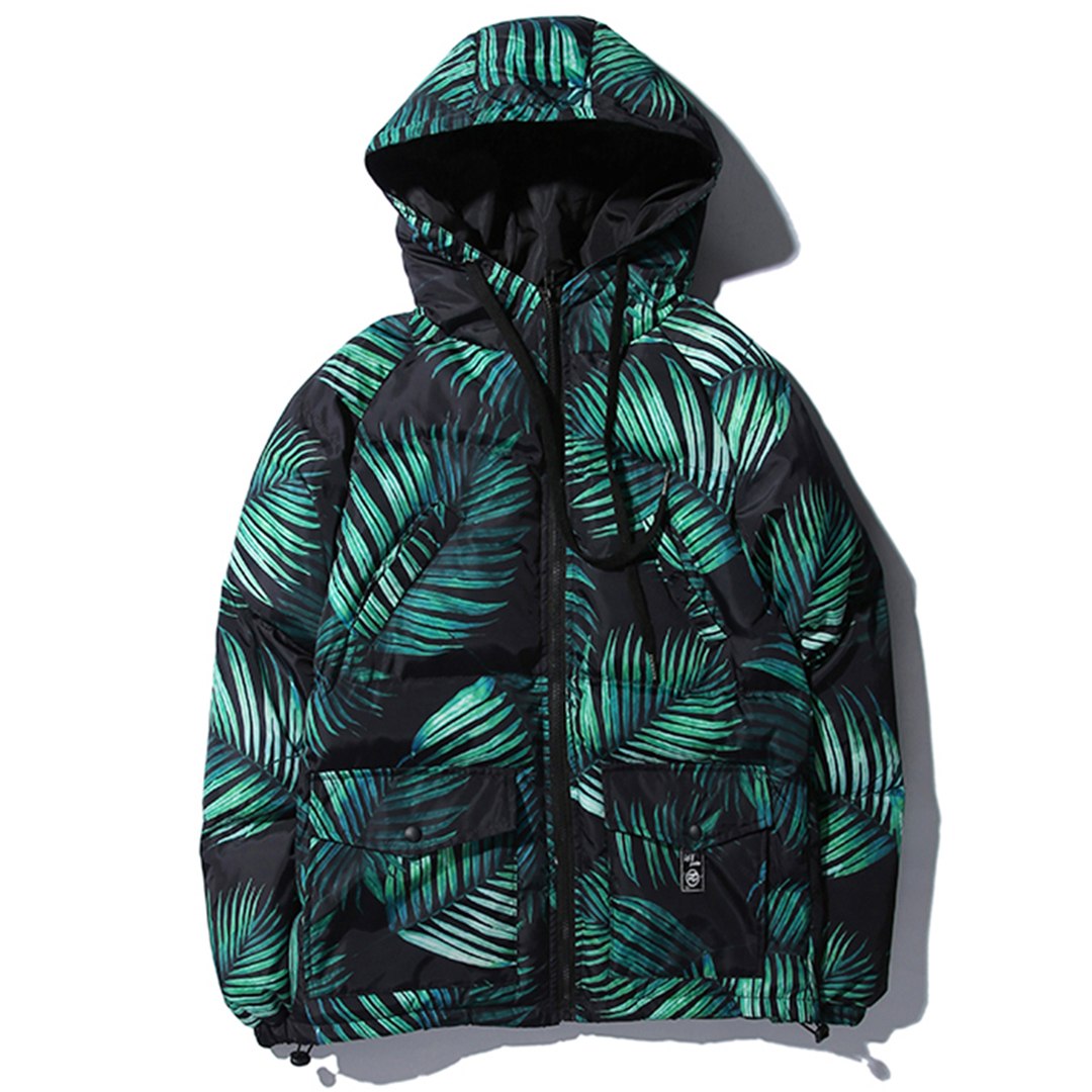 

2019 Hip Hop Warm Casual Parka Jackets Streetwear Outwear Winter Mens Plant Leaves Printed Thick Hooded Parkas, Black