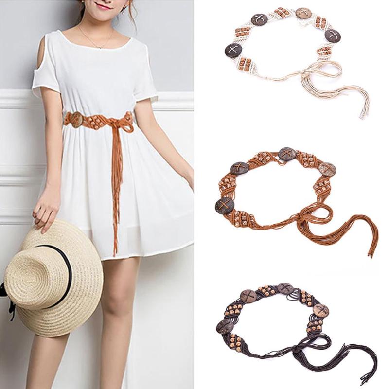 

Boho Belts for Women Waist Band Elastic Knitted Rope Wooden Beads Waist Chain Belt Women Waistband Belt for Dress, Brown