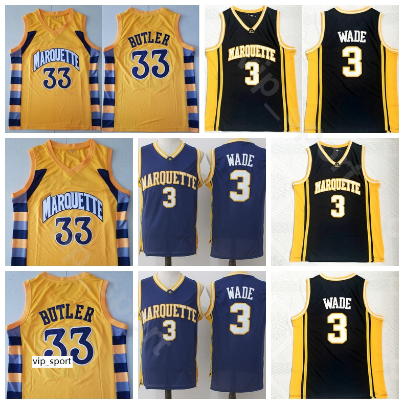 

College Basketball 33 Jimmy Butler Marquette Golden Eagles Dwyane Wade Jersey 3 Home Black Navy Blue Yellow All Stitched High Quality