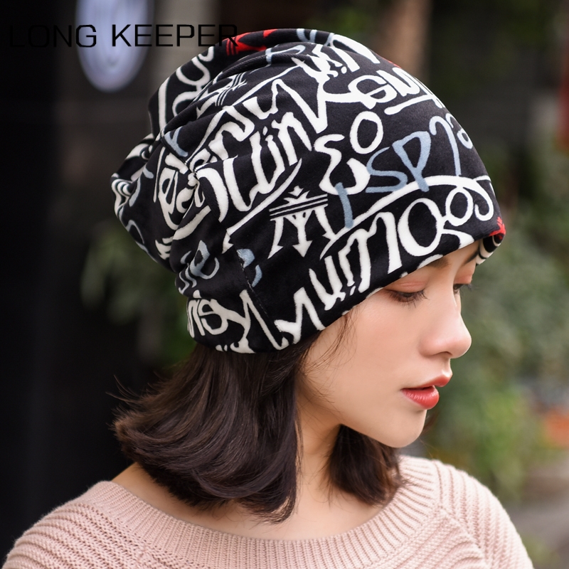 LongKeeper 2019 New Women's Warm Beanie Autumn Letter Style Spring Scarf Hats Ladies Scarf 3 Use Cap Girls Gorros Skullies