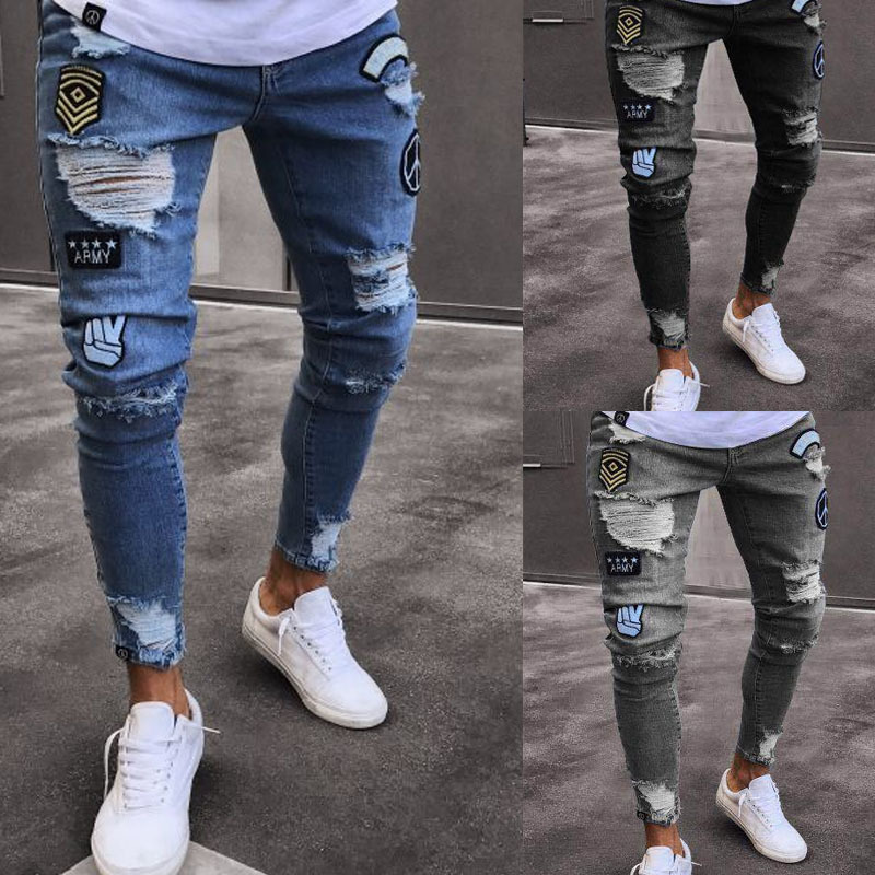 

2019 Men Stylish Ripped Jeans Pants Biker Slim Straight Hip Hop Frayed Denim Trousers New Fashion Skinny Jeans Men European Size Y19072301, Black