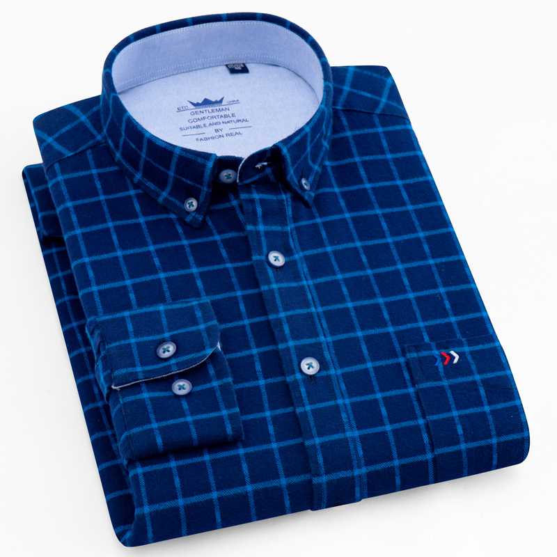 

Men's Brushed Cotton Plaid Checkered Button Down Shirt Single Patch Pocket Long Sleeve Regular-fit Thick Warm Casual Shirts, 81618-06