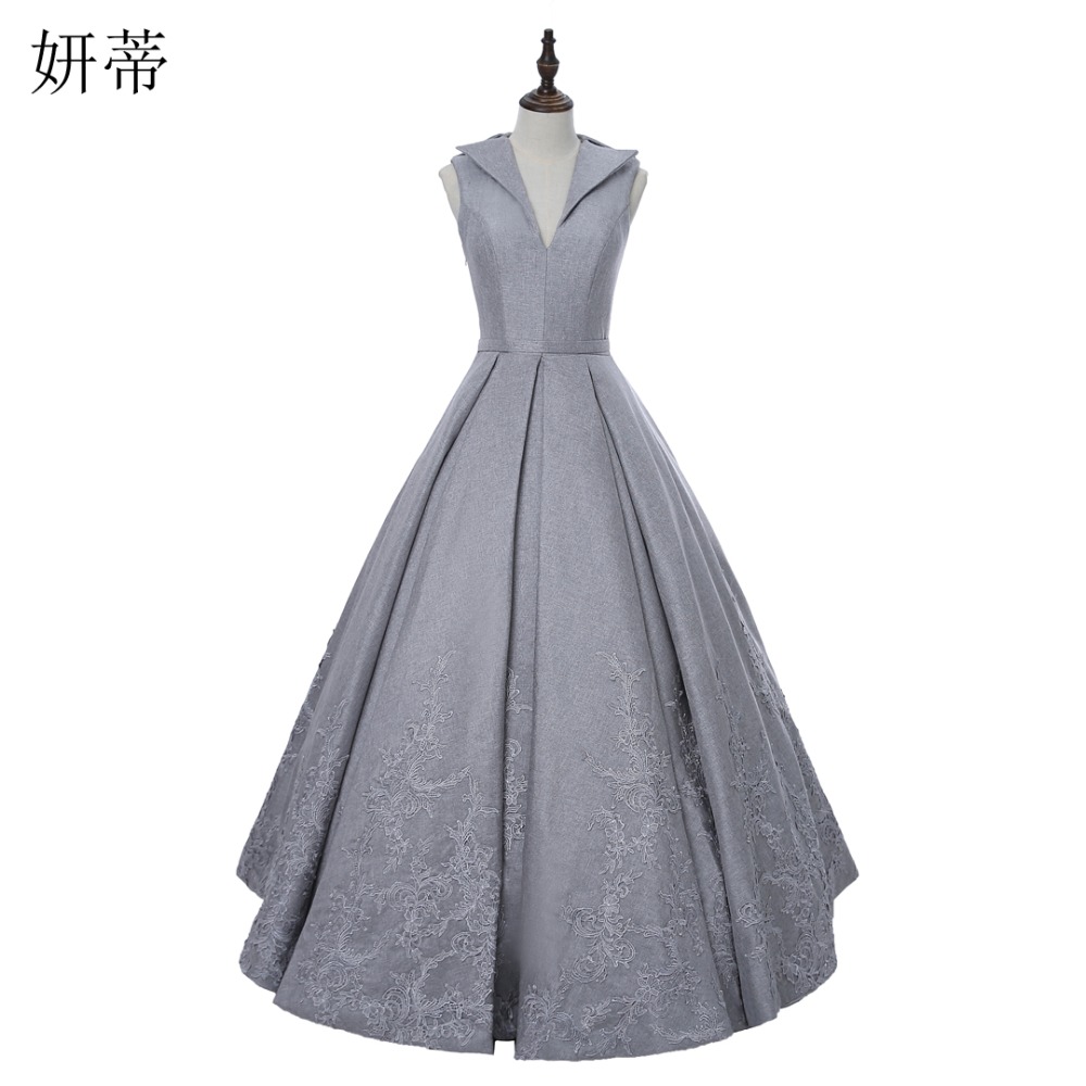 

Simple Vintage Embroidery Evening Prom Party Dress V-neck Sleeveless Puffy Ruffle Side Zipper Closure Formal Ball Gown Silver, Khaki