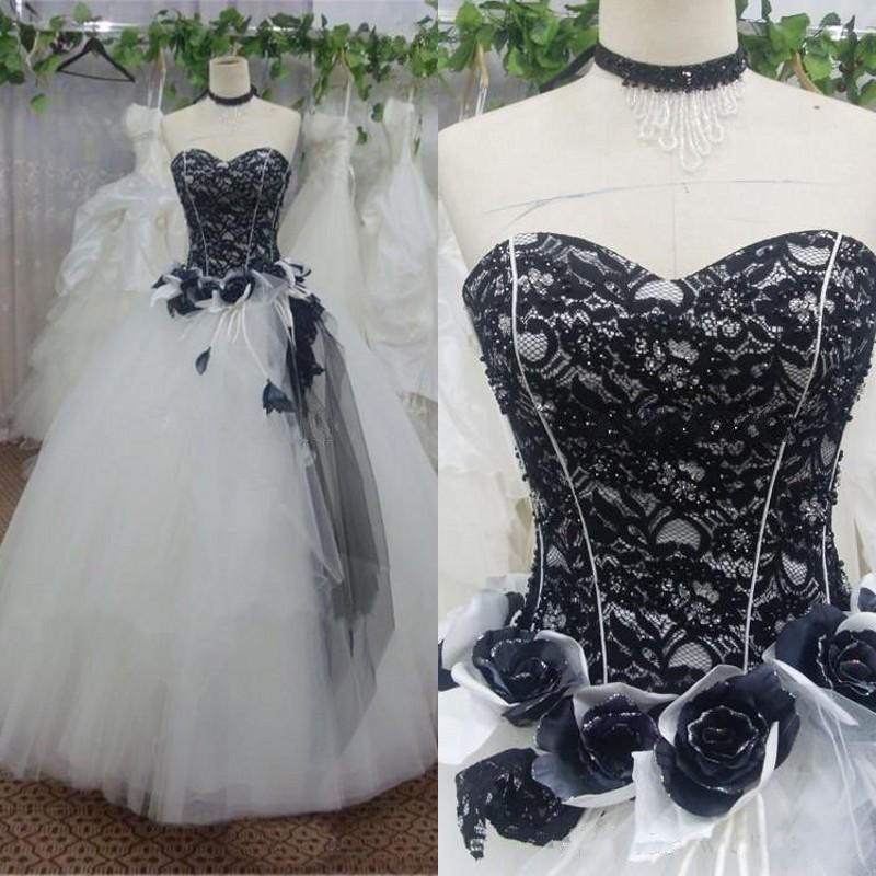 

Stunning Black and White Wedding Dresses Victorian Ball Gown Gothic Bridal Gowns Sweetheart Neckline Beads Lace Top Handmade Flowers Tulle, Pink