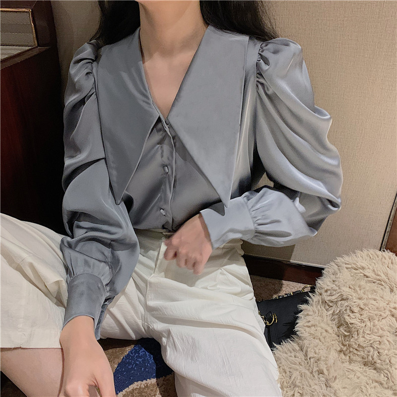 

Office Ladies Solid Shirts Chic Long Sleeve V-Neck Casual Single-breasted Blouses Spring Summer Fashion Women Blouses Tops, Gray