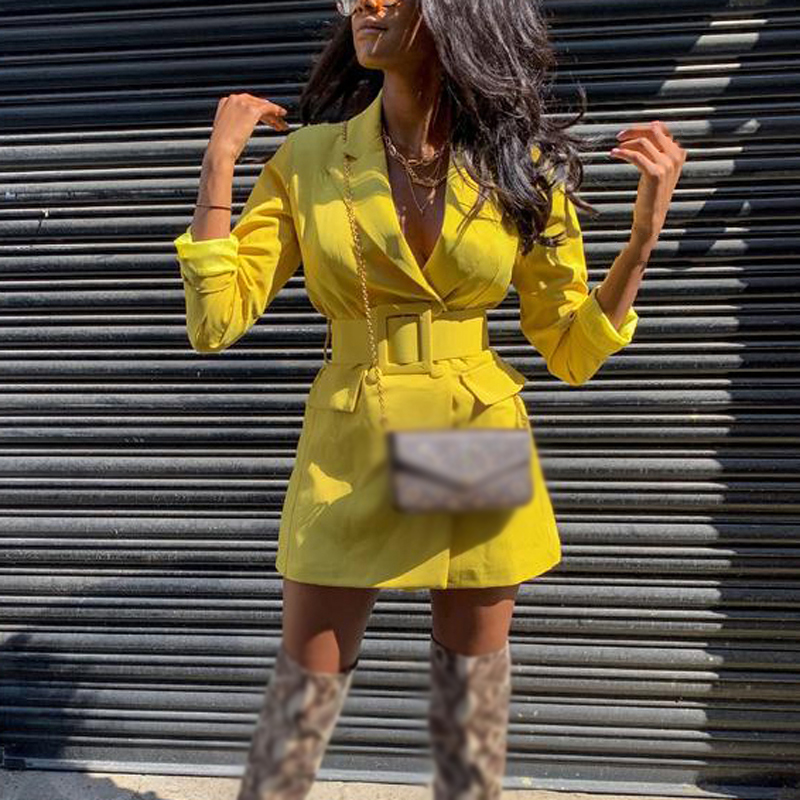 

Women Coat Suit Lapel Long Sleeve Pocket Slim Fit Button Down Fashion belt slim jacket solid color elegant office coat work lady, Yellow
