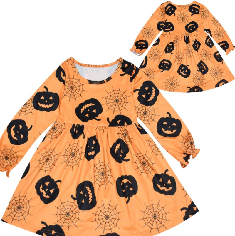 

Halloween children dress up Long sleeved pumpkin skirt spider web printed Girl princess Dress free shipping, Yellow