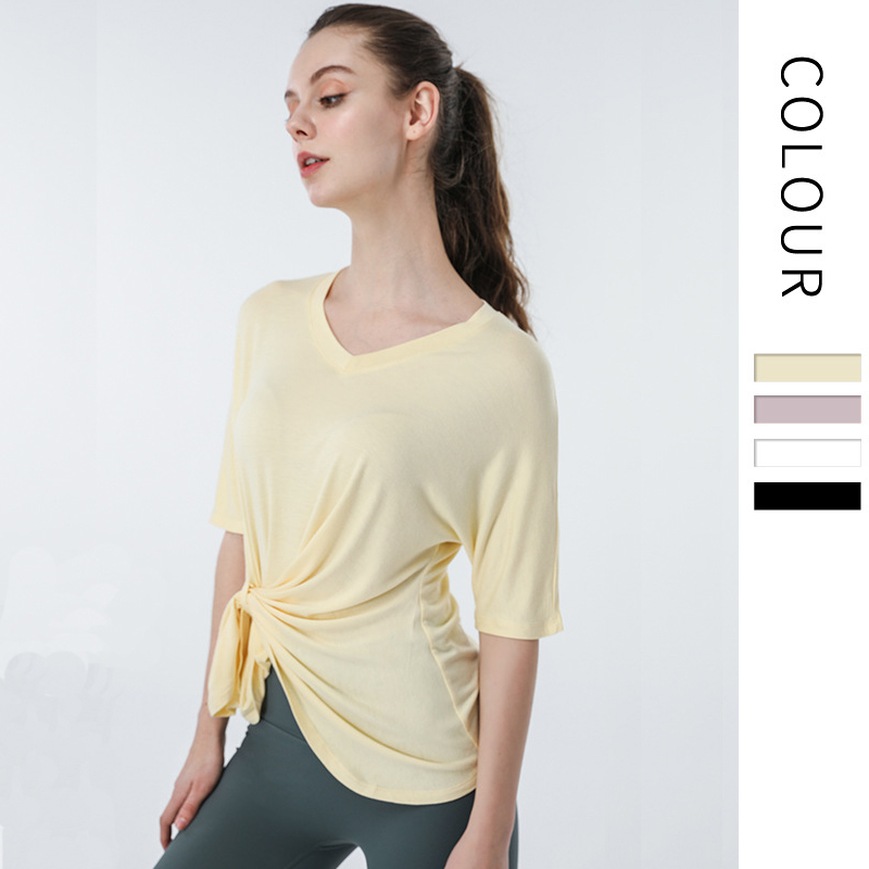 

Women Sexy Yoga Clothes Sports Fitness Short T-Shirts V-neck Ladies Short Sleeve Running Workout Elastic Tops Quick Dry, Black