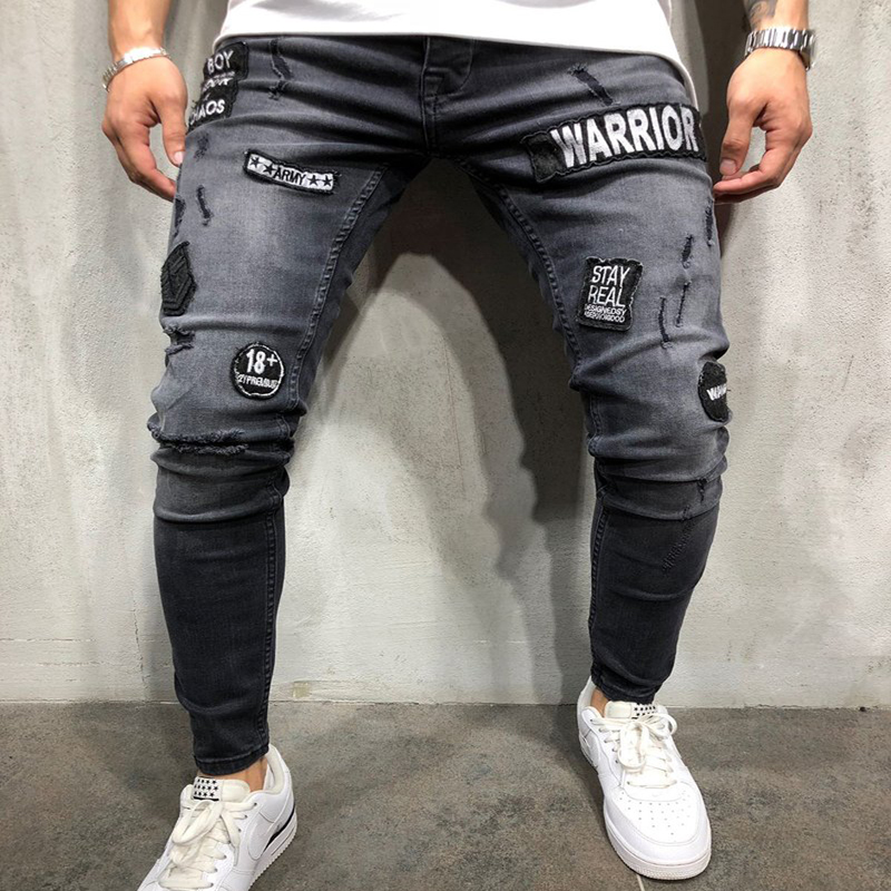 

NEW 2020 fashion men' hole embroidery jeans Hip-hop slim men jeans, Dark grey