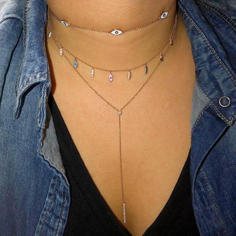 

Chains Turkish Lucky Evil Eye Choker Necklace Rose Gold Color Pink Blue Enamel Small Cute Charms Statement Necklaces