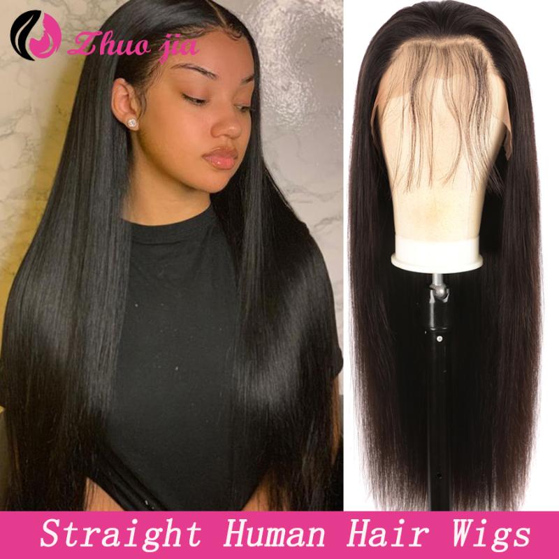 

ZHUO JIA 150 Density Straight Lace Front Wig 13x4 Pre Plucked Lace Front Human Hair Wigs With Baby Hair Remy Brazilian Wigs, Natural color