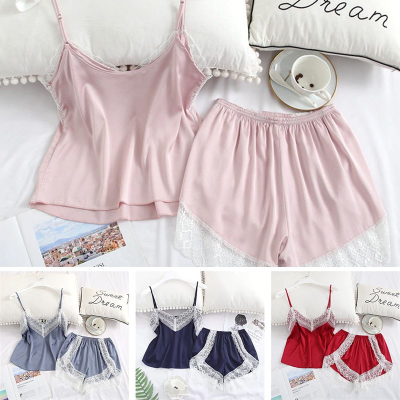 

New Women' Silk Satin Pajamas Set Sling Simulation Silk Pajamas Casual Wear M~XL, Pink