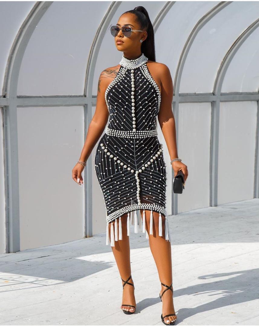 

Women Summer Fall Midi Dress Halter Pearl Hot Diamond Tassel Dress Backless Sexy Club Night Party Street Bandage Dresses GL2225, Black