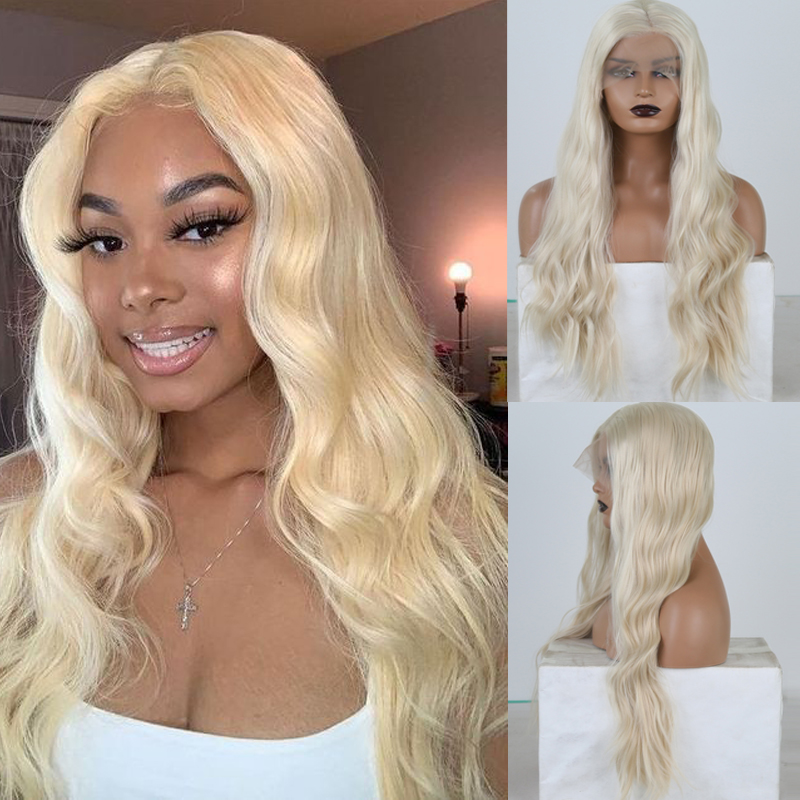 

RONGDUOYI Ash Blonde Lace Front Wig Synthetic Blond Hair Wigs Wavy Lace Wig Cosplay Wigs for Women Heat Resistant Fiber Hair, As pic