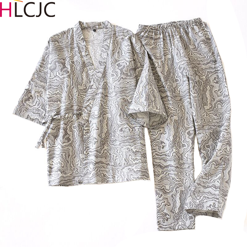 

Autumn Male Pajamas Sets 100% Cotton Gauze Kimono Mens Sleepwear Japanese Style Pyjamas Men Soft Home Wear 2 Pieces High Quality, As picture