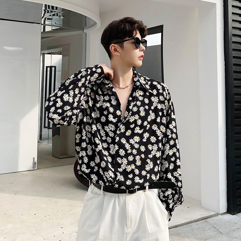 

2020 new spring printed men's loose long-sleeved shirt hair stylist tide male youth simple shirt, Black