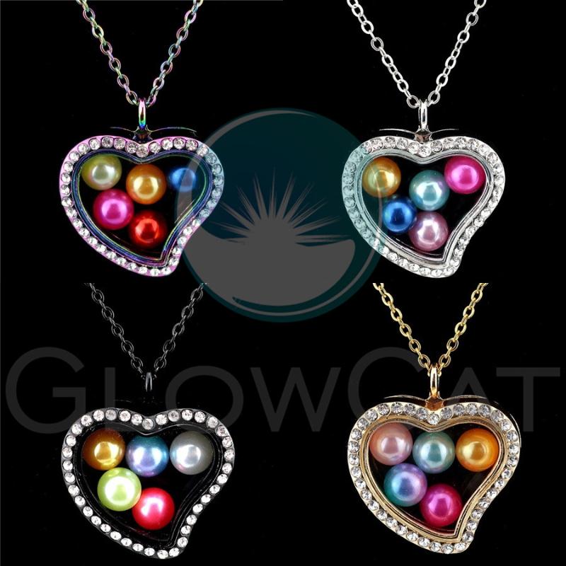 

Pendant Necklaces Heart With Rhinestone Glass Necklace 50cm Steel Chain For 8mm Beads Pearl Memory Po Locket K1223