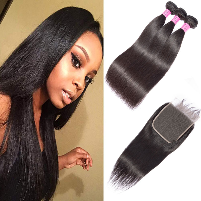

Indian Virgin Human Hair Extensions 3 Bundles With 6X6 Lace Closure Baby Hair Wefts With Closure Straight 10-30inch, Natural color